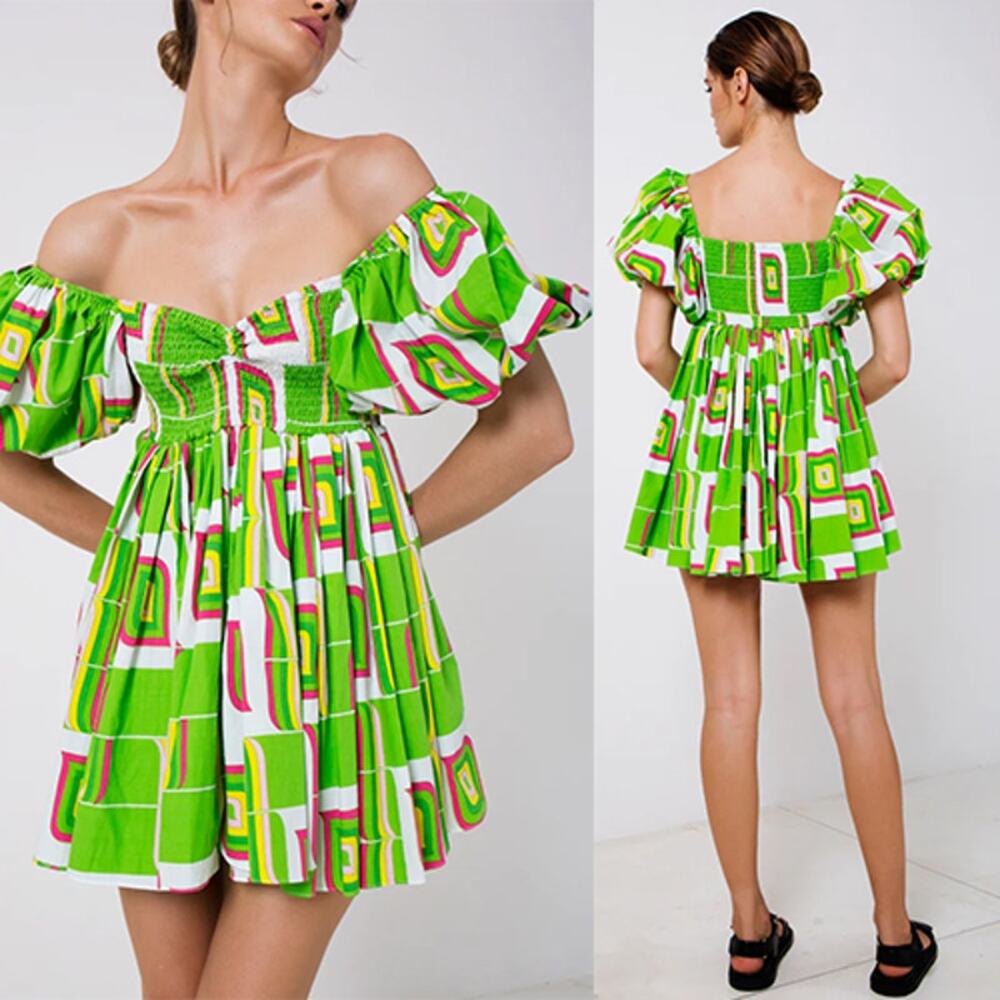 NEW S/W/F Puff Sleeve Babydoll Geometric Ruched Mini Dress Green Chartreuse